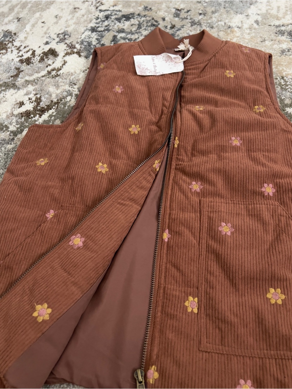 Hem & Thread Rust Corduroy Vest with Floral Embroidery - Picture 3 of 4